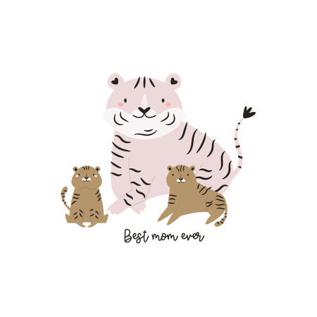 Vector illustration of cute young tigers and their mom. Adorable print with animals for kids, newborns in a modern flat style.のイラスト素材