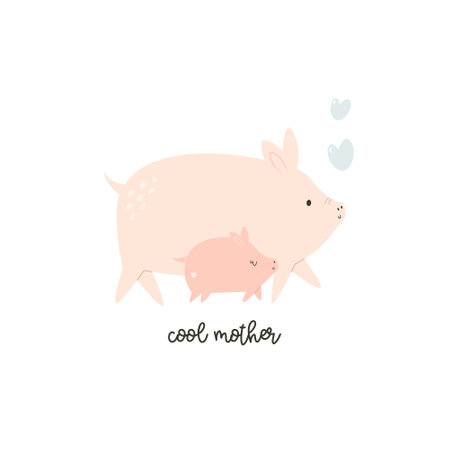 Vector illustration of cute young pig and his mom. Adorable print with animals for kids, newborns in a modern flat style.のイラスト素材