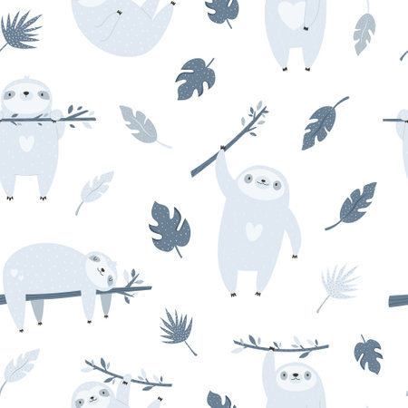 Seamless pattern with cute funny sloths hanging on branches in the forestのイラスト素材