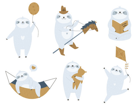 Vector illustration of a group of funny, adorable sloths having fun, reading book, resting in hammockのイラスト素材