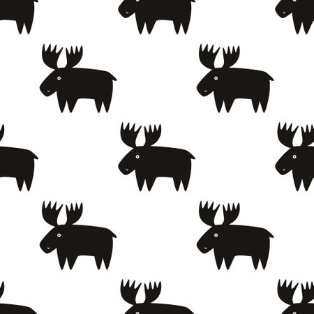 Seamless pattern with monochrome black moose, elk. Illustrations in a modern style for prints, clothing, packaging and postcards.のイラスト素材