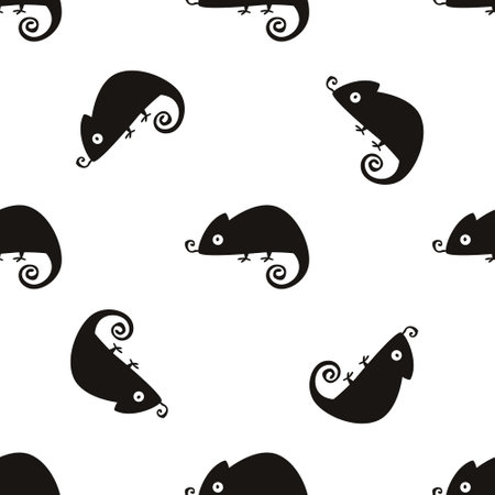 Seamless pattern with monochrome black chameleons. Illustrations in a modern style for prints, clothing, packaging and postcards.のイラスト素材