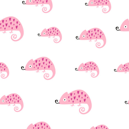 Seamless pattern with pink chameleons in hearts. Illustrations in a modern style for prints, clothing, packaging and postcards.のイラスト素材