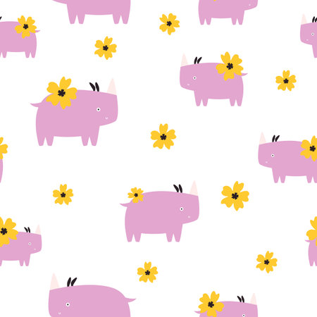 Seamless pattern with lilac rhinos and flowers. Illustrations in a modern style for prints, clothing, packaging and postcards.のイラスト素材