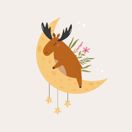 Cute moose sleeping on the moon. Adorable animal vector design, illustration.のイラスト素材