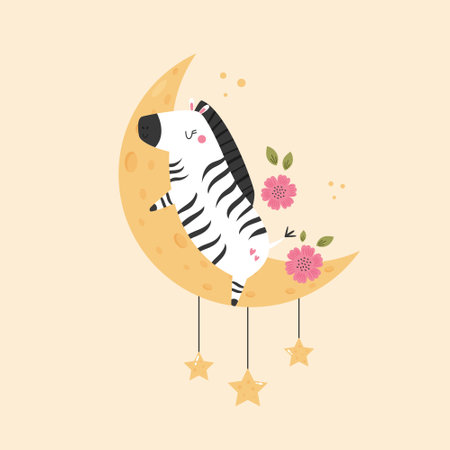 Little cute zebra sleeping on the moon. Adorable animal vector design, illustration.のイラスト素材