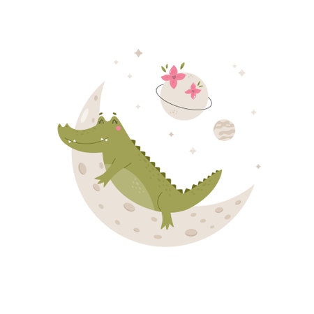 Little cute crocodile sleeping on the moon. Adorable animal vector design, illustration.のイラスト素材