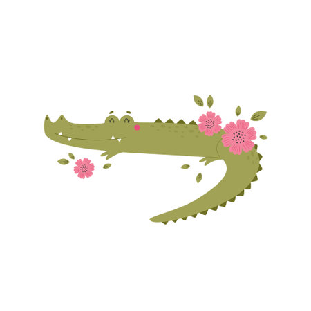 Vector illustration of a funny crocodile and blooming flowers.のイラスト素材