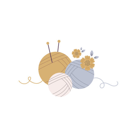 Vectorcomposition of balls of yarn with knitting needles and flowers in a modern flat stileのイラスト素材