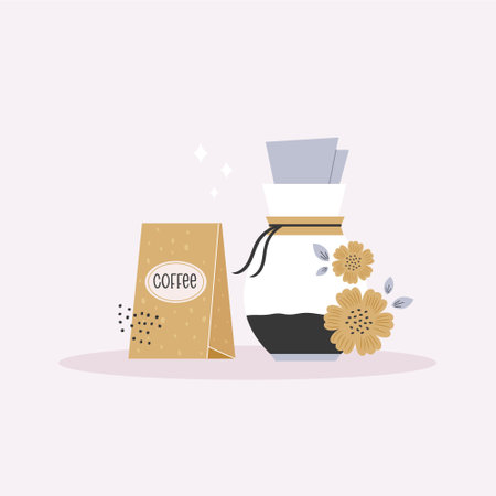 Vector illustration of glass jar with filter coffee and coffee packageのイラスト素材