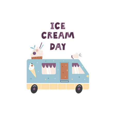 Vector illustration of wagon with ice cream and colorful text.のイラスト素材