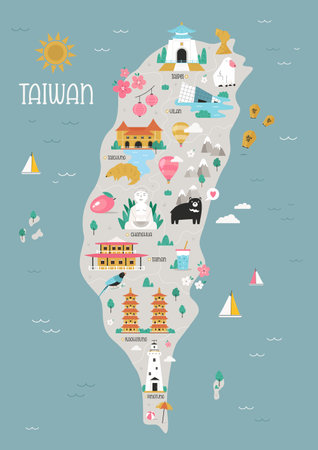 Vector illustration of Taiwan map with famius symbols, landmarks, animals. Colorful design in a flat style for books, posters, cards, souvenirs, magazinesのイラスト素材