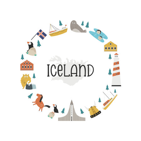 Vector colorful circle design, banner with icons, famous symbols of Iceland. Illustration for posters, banners, tour guides, magazines.のイラスト素材