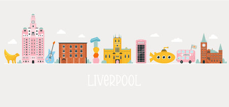 Vector colorful design, banner with icons, famous symbols of Liverpool. Yellow submarine, Liver Royal Building, University of Liverpool, Cathedralのイラスト素材