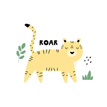 Vector illustration of a funny striped tiger and tropical leavesのイラスト素材