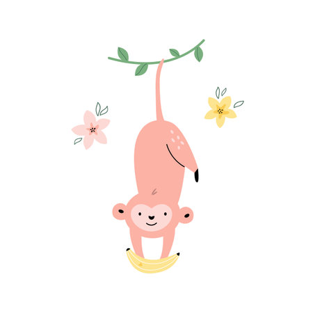 Vector illustration of funny monkey, ape hanging with bananaのイラスト素材