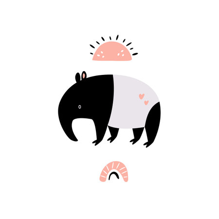 Hand drawn vector illustration of tapir, sun and rainbowのイラスト素材