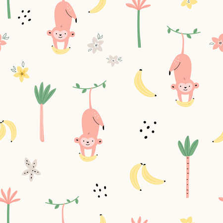 Colorful seamless pattern with funny monkeys, palm trees, bananas. Design for clothing, kids prints, wrapping paperのイラスト素材