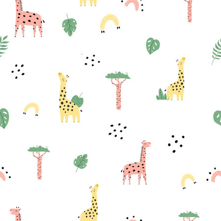 Colorful illustration with yellow and pink giraffes, tropcal trees and rainbows. Design for clothing, kids prints, wrapping paper, print fabric, room decor, cute giftsのイラスト素材