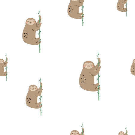 Seamless pattern on white background with relaxed sloth hanging on a branch.のイラスト素材