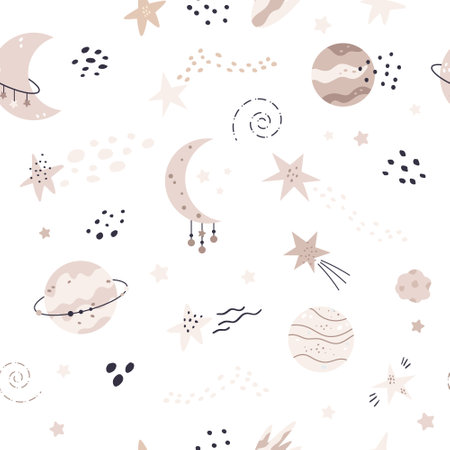 Space, cosmic seamless pattern with hand drawn elements. Explore the universe concept. Digital background, wallpaper, gift wrap, textile in simple scandinavian style.のイラスト素材