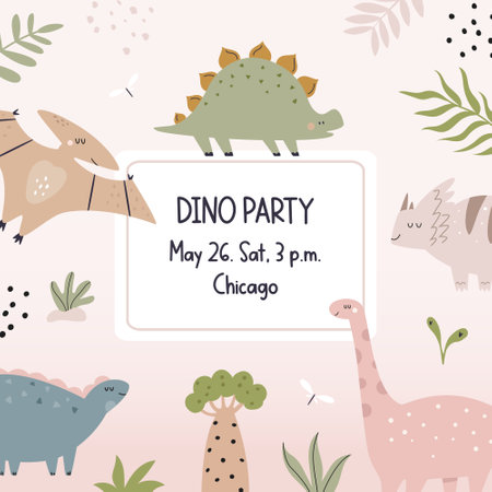 Birthday invitation template with cute dinosaurs. Colorful illustration for parties, kids celebration, Baby showerのイラスト素材