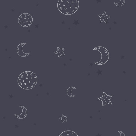 Space, cosmic linear seamless pattern with hand drawn stars, moon, planets. Digital background, wallpaper, gift wrap, textile in simple style.のイラスト素材