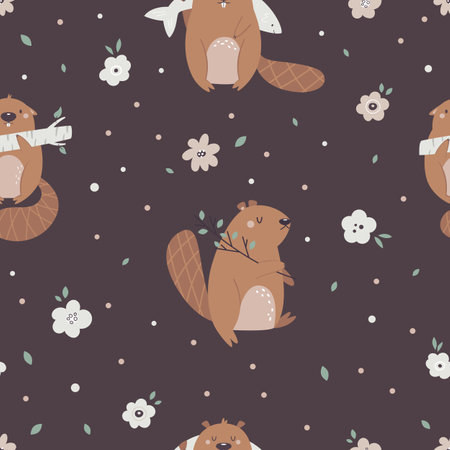 Forest seamless pattern with adorable funny beavers and flowersのイラスト素材