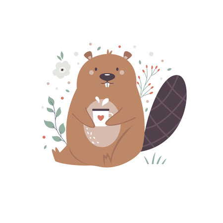 Vector illustration of a cute beaver sitting with a cup of tea in a green lush.のイラスト素材