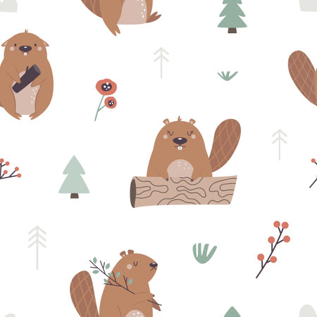 Forest seamless pattern with adorable funny beavers, trees, twigs, leaves.のイラスト素材