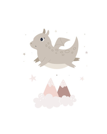 Childish vector illustration with adorable dragon flying in the skyのイラスト素材