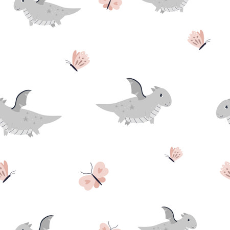 Childish seamless pattern with cute dragons and pink butterflies. Colorful design for textile, kids clothing, fabric, nursery decorationのイラスト素材