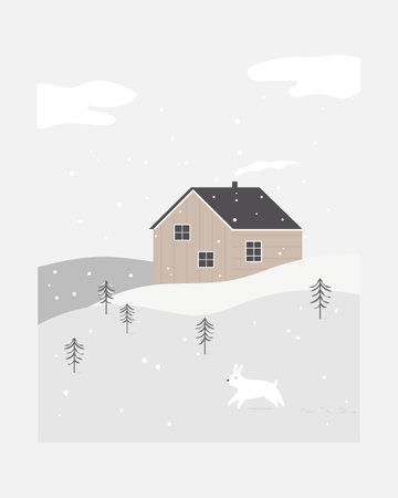 Vector holiday illustration of a winter scene, lonely standing house, mountains and rabbit. Artwork, design for Christmas greeting cards, postersのイラスト素材