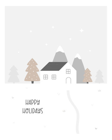 Vector holiday illustration, winter scene with lonely standing house in the mountains. Artwork, design for Christmas greeting cards, postersのイラスト素材