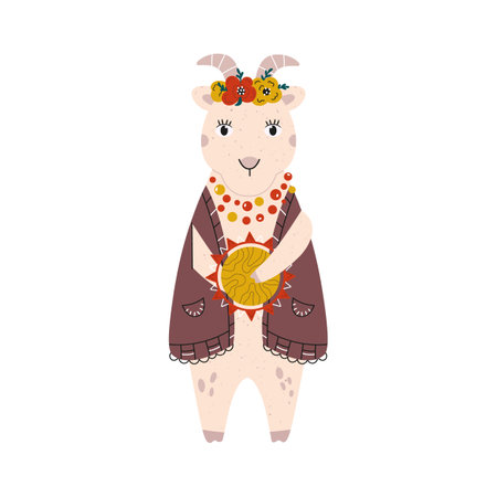Vector illustration with cute goat in necklace, head wear and jacket, holding tambourine.のイラスト素材