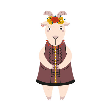 Vector illustration with cute goat in necklace, head wear and jacketのイラスト素材