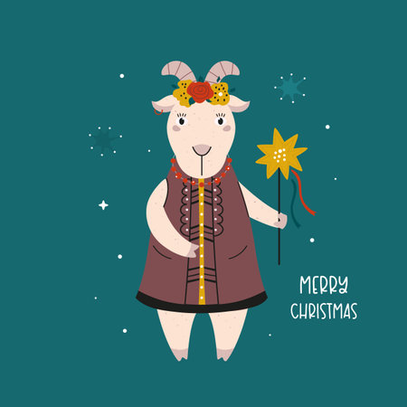 Holiday Christmas card with cute goat in tradititional Ukraininan costume and star in the handのイラスト素材