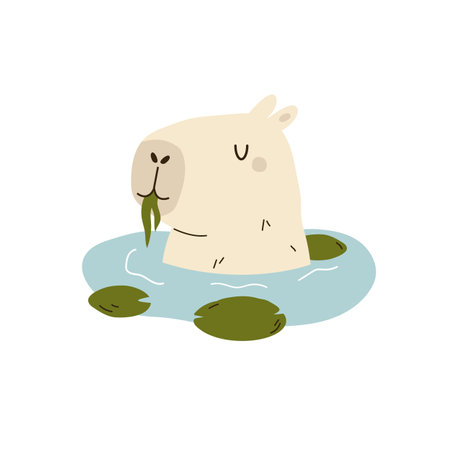 Vector illustration of a funny capybara sitting in a pond with a water liliesのイラスト素材