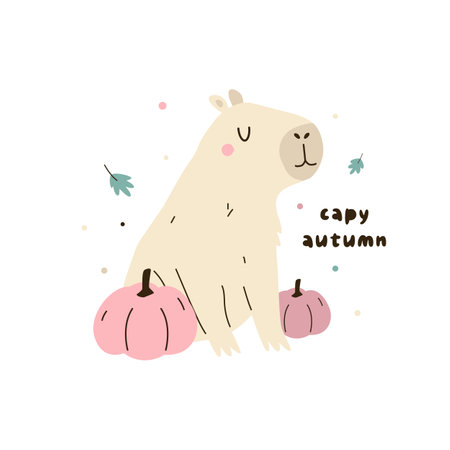 Vector illustration of a cute capybara sitting with pumpkinsのイラスト素材