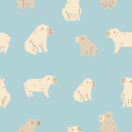 Seamless pattern with funny capybaras in different poses on blue backgroundのイラスト素材