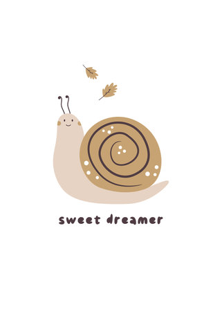 Frame art, poster with a cute funny snail and yellow leaves. Vector illustration for decorations, kids printsのイラスト素材