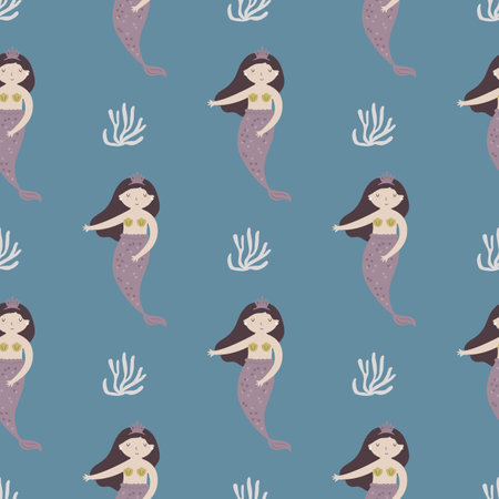Colorful seamless pattern with beautiful mermaids and sea life. Marine background for fabric, textile, wrapping paperのイラスト素材