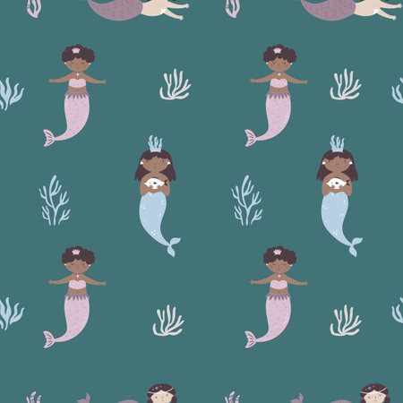 Colorful seamless pattern with beautiful mermaids and sea life. Marine background for fabric, textile, wrapping paperのイラスト素材