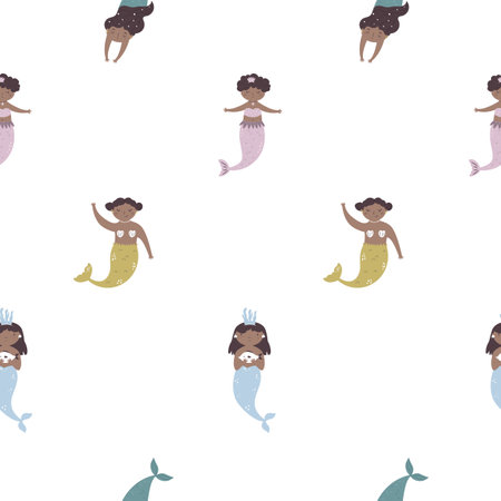 Colorful seamless pattern with beautiful mermaids on white background. Marine background for fabric, textile, wrapping paperのイラスト素材