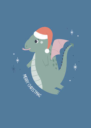 Christmas holiday illustration with adorable dragon in a santa hat. Seasonal print with cute characterのイラスト素材