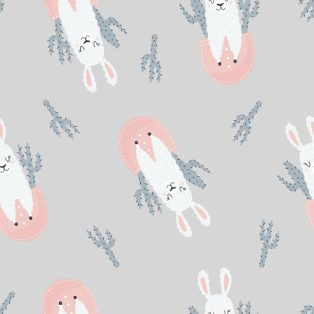 Seamless pattern with adorable llamas and succekent in pockets. Suitable for different prints, nursery decoration, wrapping paper, wallpaper, cloth design.のイラスト素材