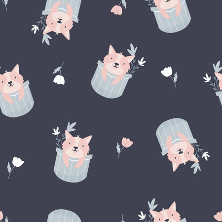 Seamless pattern with cute corgi dogs in pockets. Suitable for different prints, nursery decoration, wrapping paper, wallpaper, cloth design.のイラスト素材