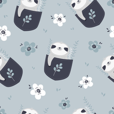 Seamless pattern with adorable sloth in little pockets. Suitable for different prints, nursery decoration, wrapping paper, wallpaper, cloth design.のイラスト素材