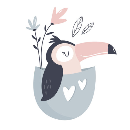 Vector illustration of a cute toucan sitting in a little pocket. Adorable animal for prints, frame arts, wall designsのイラスト素材