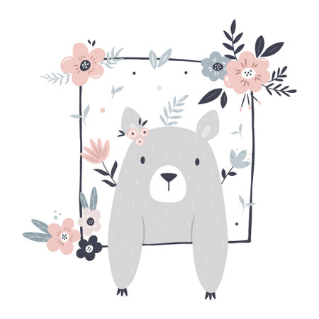 Vector illustration of a cute teddy bear and frame with floral ornaments.のイラスト素材